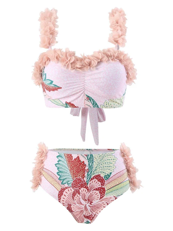 Pink 1950s Spaghetti Strap 3D Floral Swimsuit Comfortable Swim Dress