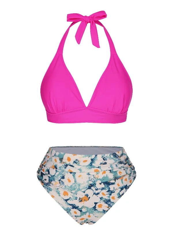 Pink 1960s Halter Daisy Swimsuit Comfortable Tankini Set