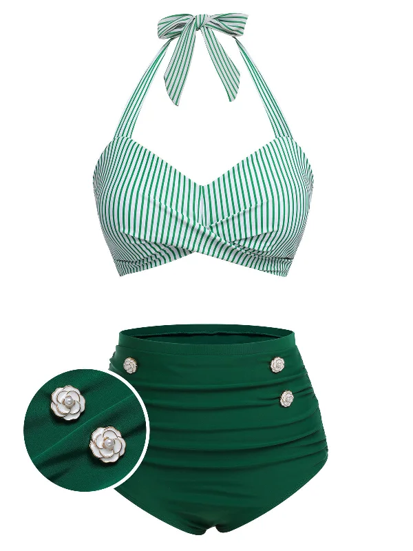 [Plus Size] Green 1940s Striped Halter Swimsuit Summer Ready Swimsuit