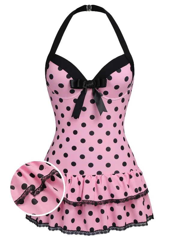 [Plus Size] Pink 1940s Polka Dots Hater Swimsuit Retro-Inspired Bikini Set