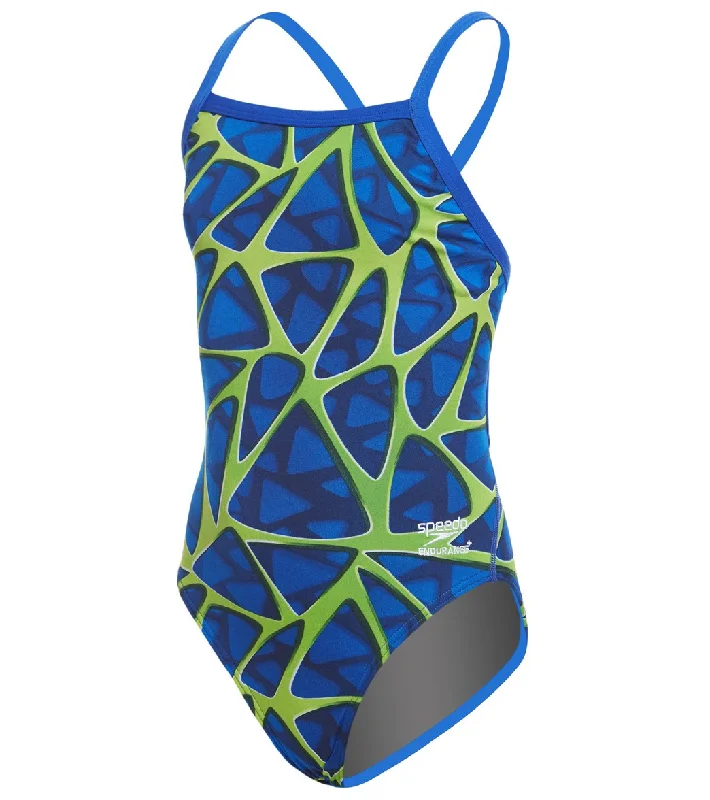 Speedo Endurance+ Girls' Caged Out Flyback One Piece Swimsuit Blue/Green Sexy Monokini Swimsuit