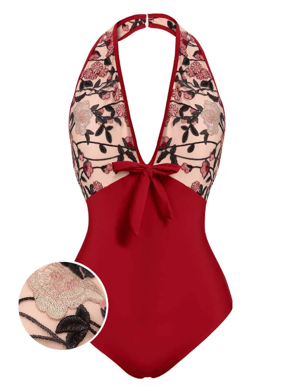 Wine Red 1950s Floral Backless Swimsuit Two-Piece Beachwear