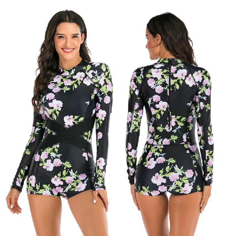 Long Sleeve One Piece Suit Swimwear Halter Neck Swimsuit