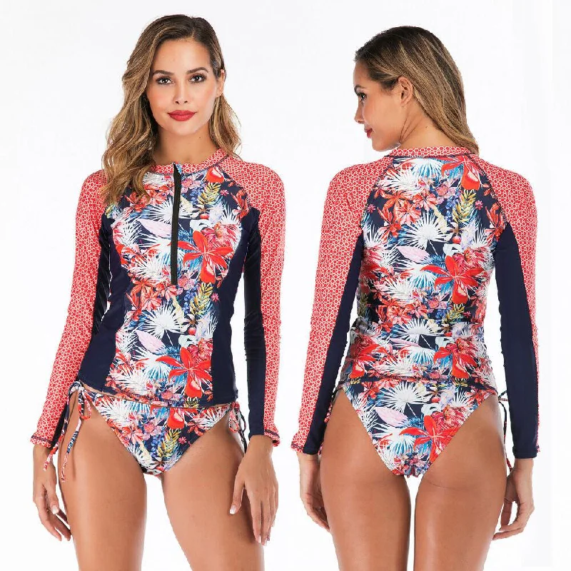 Pink Long Sleeve Two Piece Rash Guard Swimwear Full Coverage Swimsuit