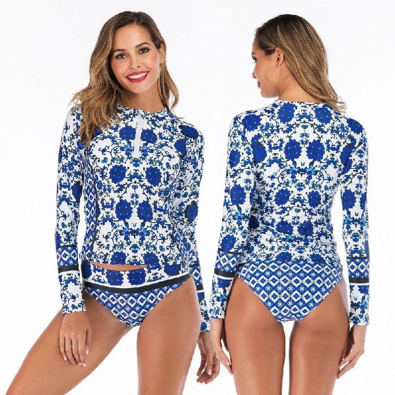 Long Sleeve Two Piece Rash Guard Swimwear Plus-Size Bikini Set