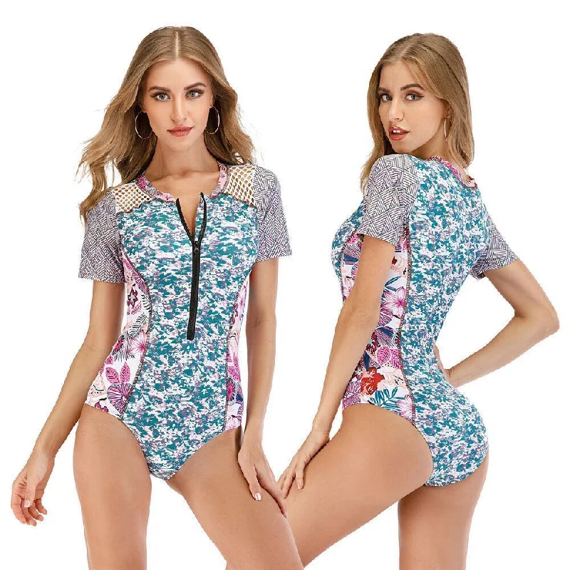 Short Sleeve One Piece Rash Guard Swimwear Tie-Back Swimwear