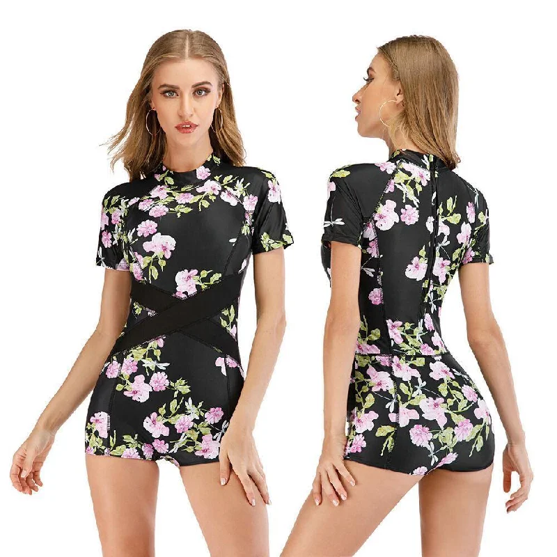 Women Surf One Piece Rash Guard Swimwear Tropical Print One-Piece