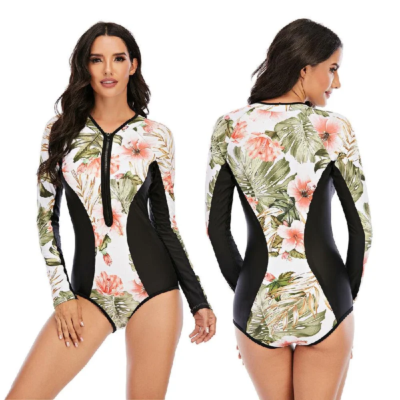 Women Zip Front Long Sleeve One Piece Swimsuit Halter Top Bikini