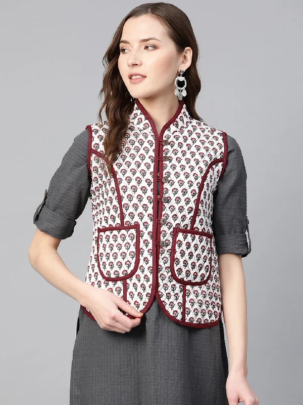 Women Off-White & Maroon Printed Lightweight Quilted Jacket Wool Fabric Cashmere Fabric Tweed Fabric