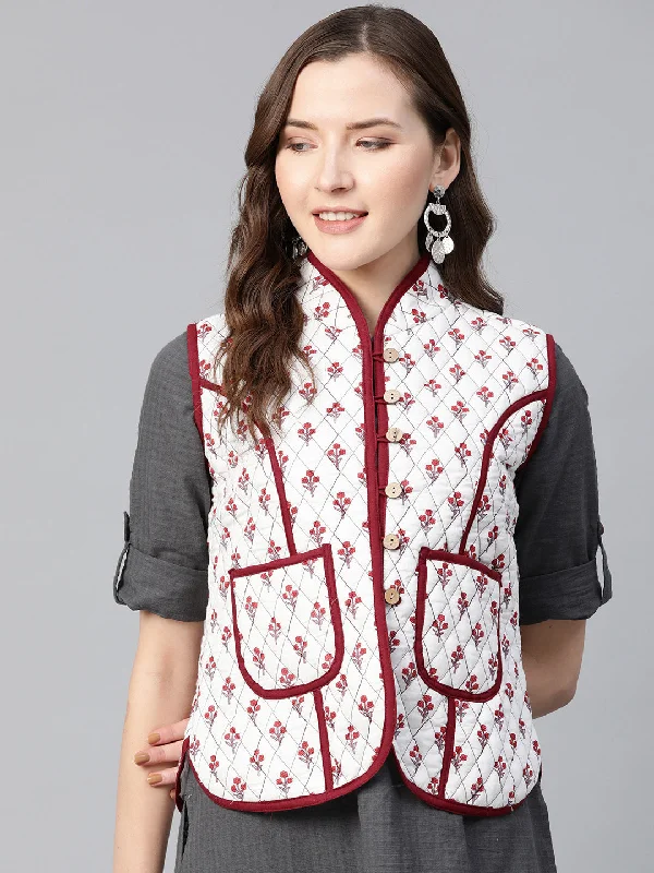 Quilted Jacket In Printed Fabric, Has A White Lining And Mehroon Piping Detailing On Collar And Pocket,Has 2 Pockets And Mandarin Collor Trench Coat Raincoat Waterproof Jacket