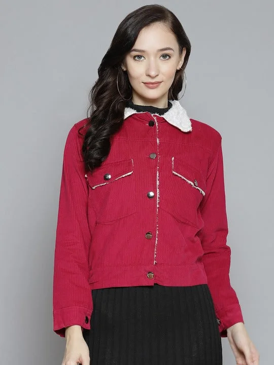 Fuchsia Pink Feather Collar Front Open Jacket Corduroy Jacket Velvet Jacket Brocade Jacket