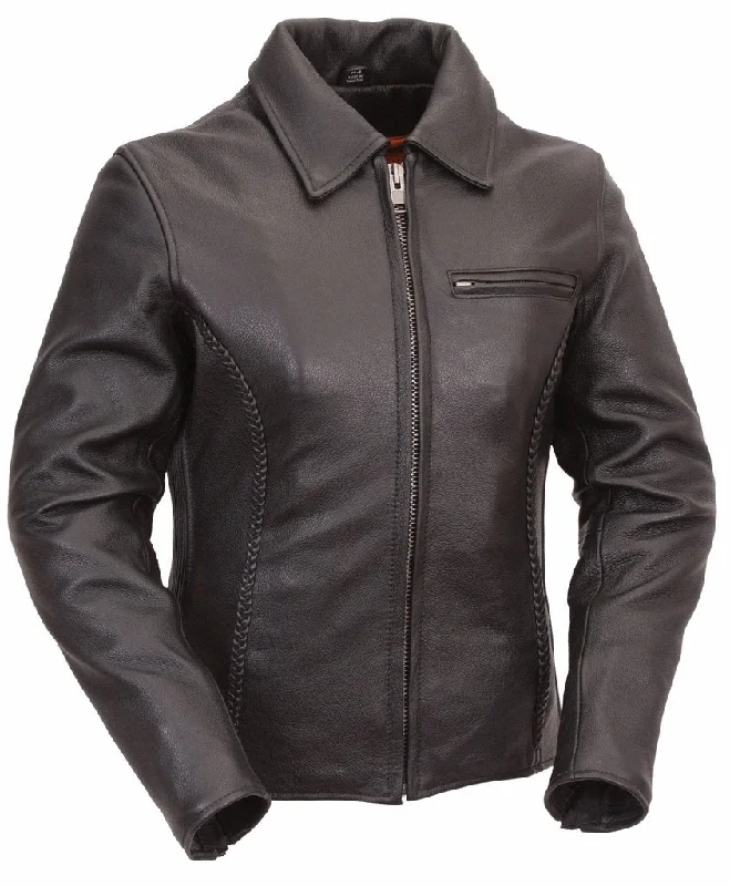 Women's Clean Cruiser Leather Jacket Clean Look A-Line Jacket Boat Neck Shawl Collar