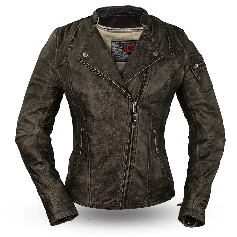 Women Jasmin Leather Jacket Distressed Buffalo Skin Zippered Front Buttoned Front Snap Front