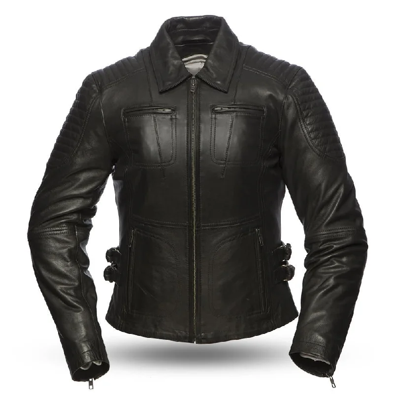 Womens Aniline Cowhide Clean Curvy Motorcycle Jacket FMC Speedy Toggled Jacket Drawstring Jacket Belted Jacket