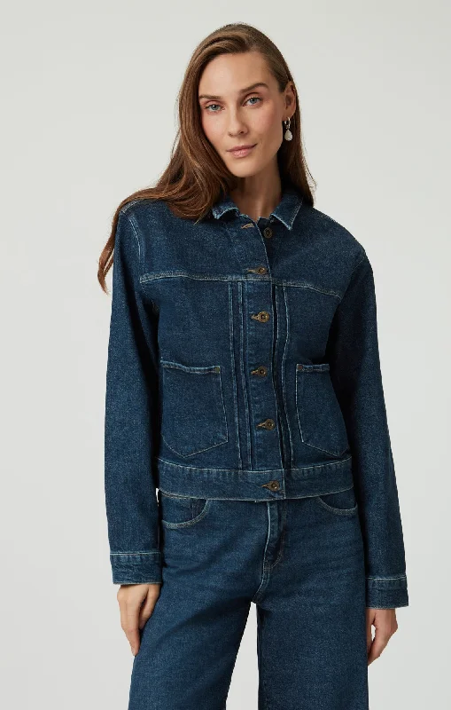 LAUREL DENIM JACKET IN DARK BLUE DENIM One-Shoulder Jacket Off-the-Shoulder Jacket Asymmetrical Jacket