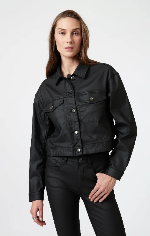 MAREN CROP JACKET IN BLACK COATED Notch Collar Jacket Peter Pan Collar Jacket Cowl Neck Jacket