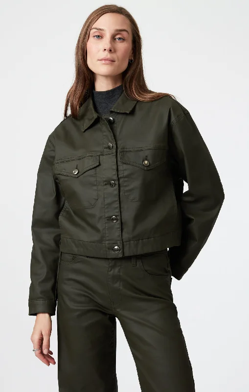 MAREN CROP JACKET IN DARK OLIVE COATED Welt Pockets Slit Pockets Flap Pockets