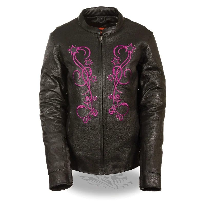 Women's Reflective Star Jacket w/ Rivet Detailing Zippered Front Buttoned Front Snap Front