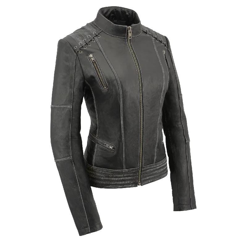 Women Distressed Black Leather Jacket with Lace Quilted Jacket Puffer Jacket Insulated Jacket