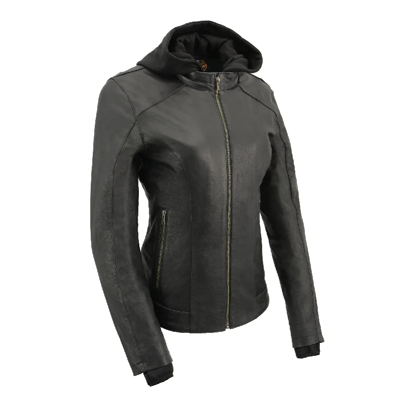 Women Lightweight Black Leather Jacket with Full Sleeve Removable Hoodie Nylon Jacket Polyester Jacket Spandex Jacket