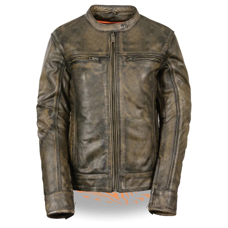 Women's Brown Distressed Scooter Jacket w/ Venting Hoodie Zip-Up Jacket Button-Up Jacket