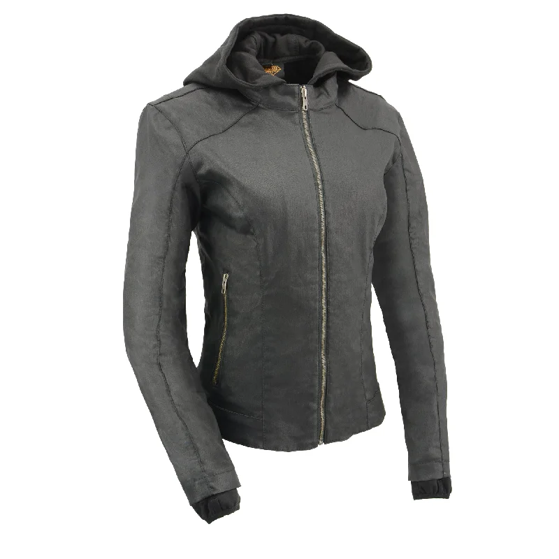 Women Black Zipper Front Jacket with Full Sleeve Removable Hoodie Denim Fabric Leather Fabric Suede Fabric