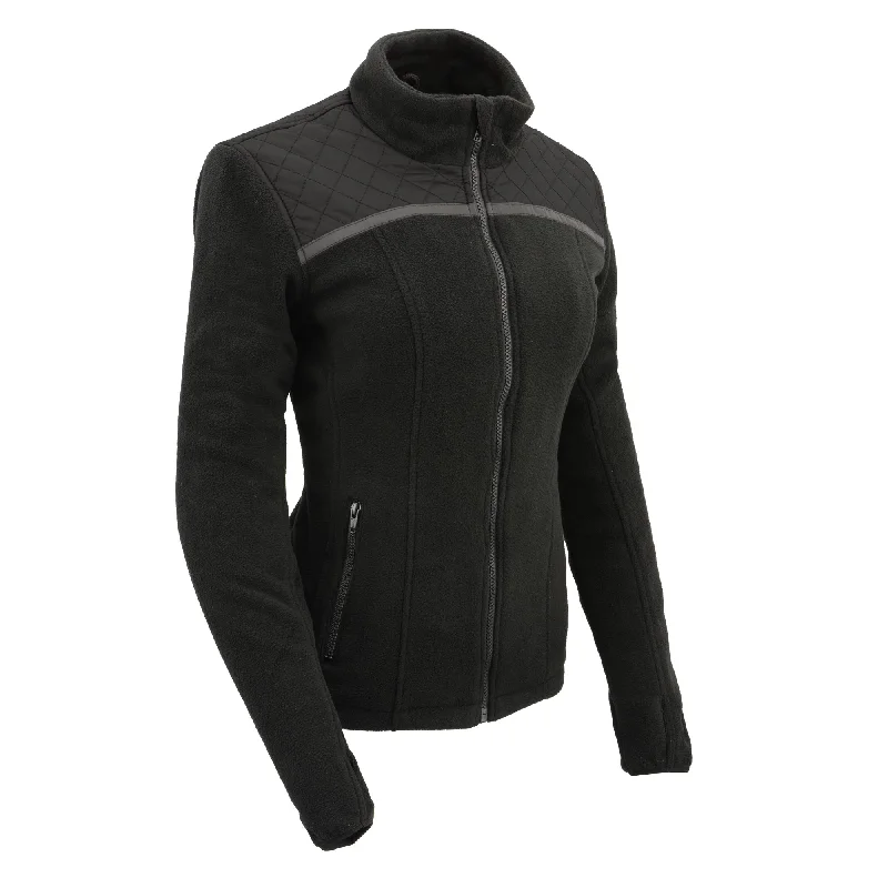 Women Micro Fleece Zipper Front Jacket w/ Reflective Stripes Notch Collar Peter Pan Collar Cowl Neck