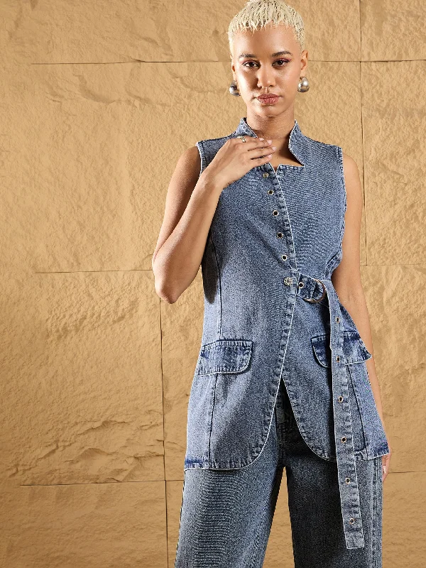 Women Blue Wash Denim Eyelet Sleeveless Jacket Lace Jacket Ribbed Jacket Sequined Jacket