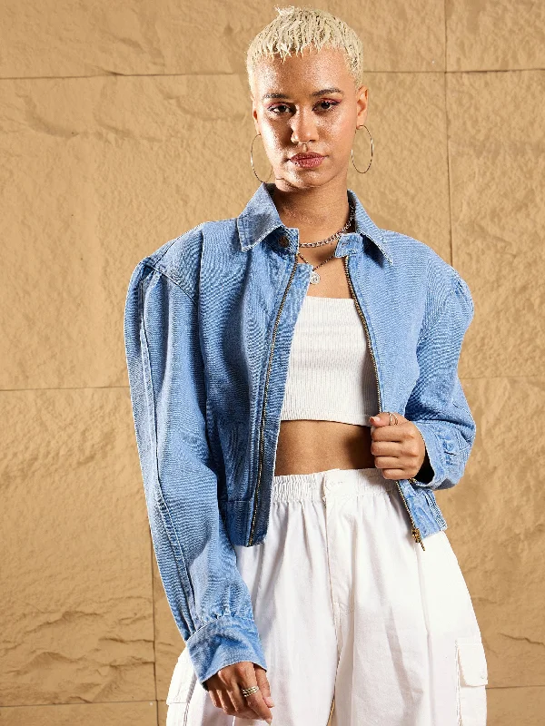 Women Blue Washed Zipper Biker Crop Jacket Cardigan Sweater Pullover