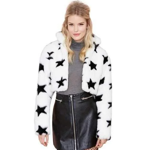 Trendy Style Long Sleeve Star Pattern Faux Fur Women's Jacket - White S Striped Jacket Polka Dot Jacket Floral Jacket