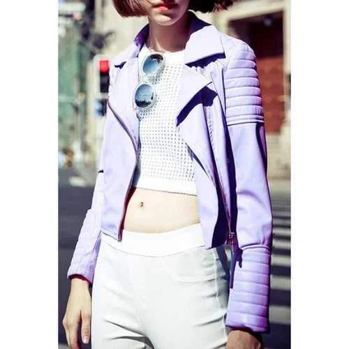 Stylish Lapel Neck Long Sleeve Purple PU Leather Women's Jacket - Purple Xl Insulated Jacket Fitted Jacket Loose Jacket