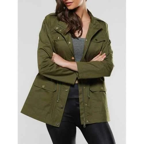 Flap Pockets Drawstring Utility Jacket - Army Green M Cotton Fabric Linen Fabric Terry Fabric