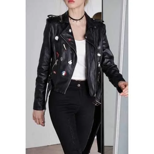 Zippered Faux Leather Moto Jacket - Black L Elasticated Jacket Padded Jacket Insulated Jacket