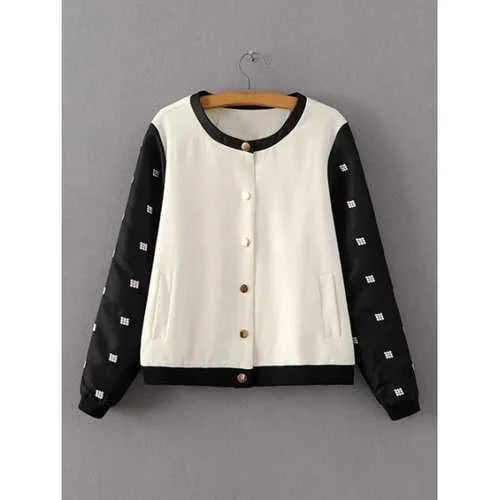 Two Tone Embroidered Bomber Jacket - White And Black S Zippered Front Buttoned Front Snap Front