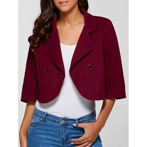 3/4 Sleeve Buttoned Wool Cropped Jacket - Claret 2xl Striped Jacket Polka Dot Jacket Floral Jacket