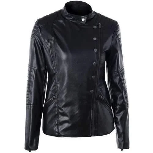 Fitted Oblique Zipper PU Biker Jacket - Black L Notch Collar Jacket Peter Pan Collar Jacket Cowl Neck Jacket