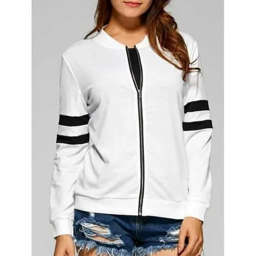 Striped Zipper Design Bomber Jacket - White L Nylon Fabric Polyester Fabric Spandex Fabric