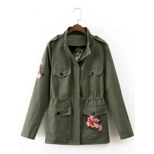 Drawstring Floral Embroidered Field Jacket - Army Green M Anorak Shell Jacket Lightweight Jacket