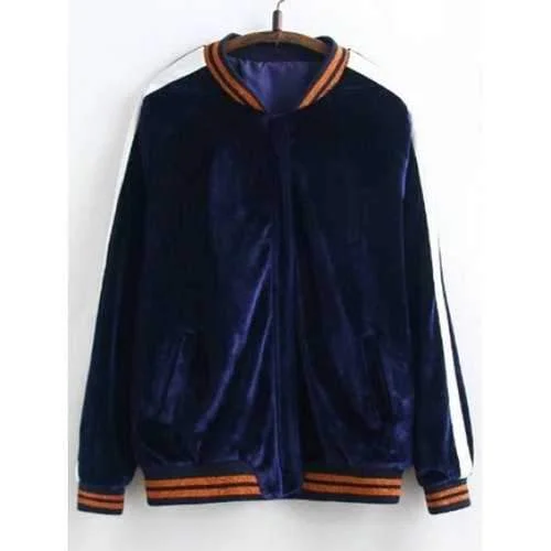 Floral Embroidered Velvet Baseball Jacket - Purplish Blue L Print Jacket Jacquard Jacket Patchwork Jacket