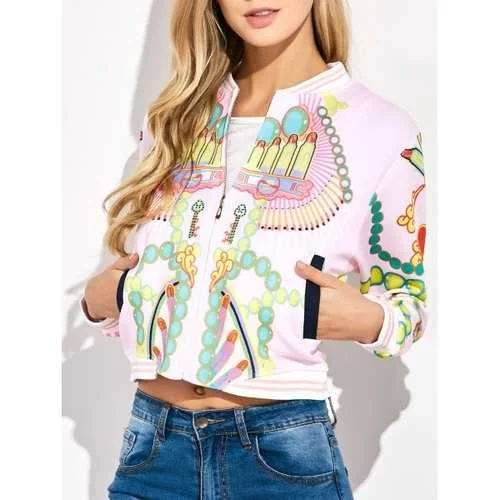 Lipstick 3D Print Cropped Bomber Jacket - Light Pink S Appliqued Jacket Beaded Jacket Sequined Jacket