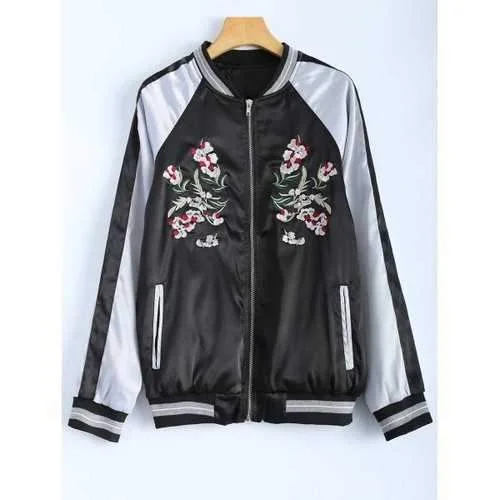 Color Block Flower Embroidery Fall Bomber Jacket - Black L Zip Front Button Front Snap Front