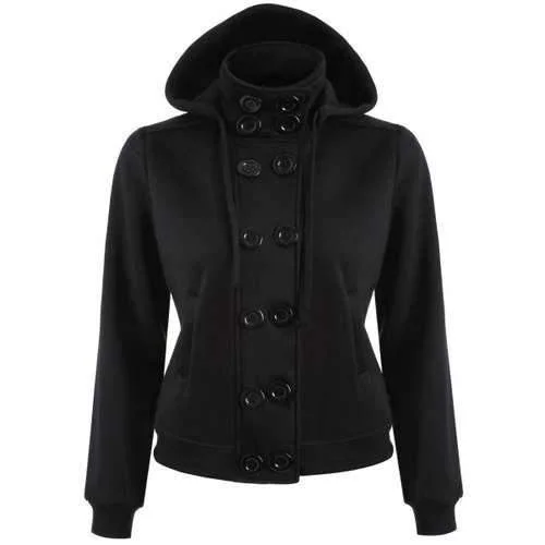 Double Breasted High Collar Hoodie Jacket - Black M One-Shoulder Jacket Off-the-Shoulder Jacket Asymmetrical Jacket