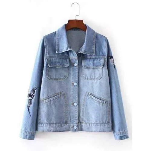 Bird Embroidery Jeans Jacket - Light Blue L A-Line Jacket Boat Neck Shawl Collar