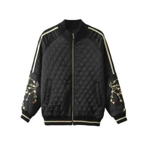 Slim Crane Embroidered Argyle Quilte Bomber Jacket - Black L Fleece Fabric Down Fabric Feather Fabric