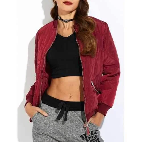 Padded Bomber Zip Up Jacket - Wine Red L Front Pockets Side Pockets Patch Pockets