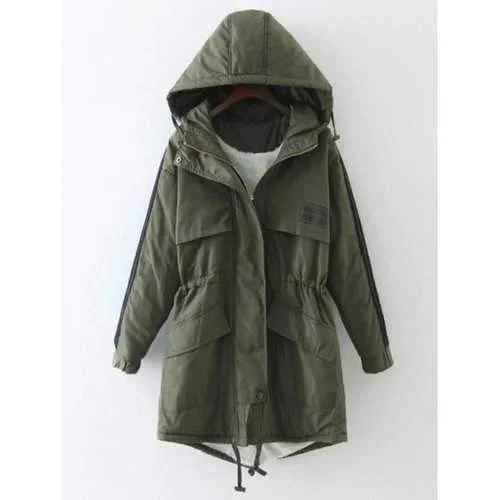 Striped Hooded Drawstring Flocking Jacket - Army Green M Mesh Jacket Canvas Jacket Denim Jacket