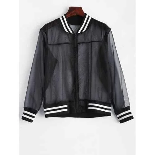 Mesh Sheer Baseball Jacket - Black S Satin Jacket Silk Jacket Chiffon Jacket