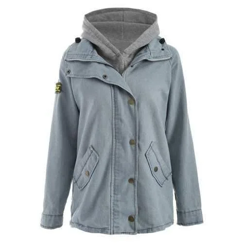 Hooded Waistcoat and Denim Jacket Twinset - Light Blue M Tiered Jacket Buttoned Jacket Zippered Jacket