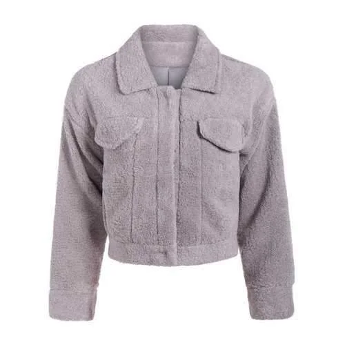 Fuzzy Shirt Jacket - Gray One Size Collared Jacket Crew Neck Jacket Turtle Neck Jacket