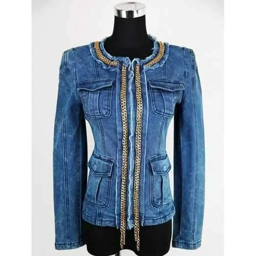 Embellished Zip Up Denim Jacket - Blue M Hooded Jacket Caped Jacket Shawl Collar Jacket